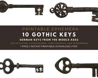 Gothic Keys Printable: Dark Academia Junk Journal Verzierungen (PDF-Datei)