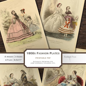 Pode incluir: Uma coleção de gravuras de moda vintage dos anos 1800, com ilustrações detalhadas de mulheres e crianças em trajes de época. As imagens são impressas em papel envelhecido, com o texto "Journal des Demoiselles". O conjunto inclui 4 imagens, 3 tamanhos e 4 arquivos.