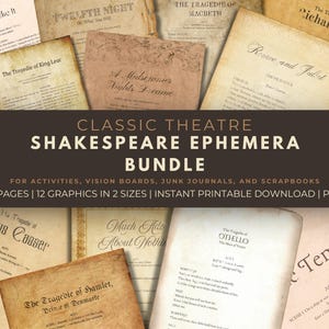 Ensemble d'éphémères Shakespeare pour oeuvres d'art, travaux manuels, activités, tableau de visualisation, journal indésirable et album de photos - citations de Shakespeare - PDF imprimable