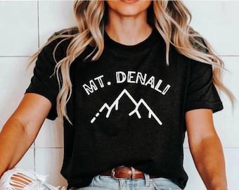 May include: A black t-shirt with a white graphic design of a mountain range and the text "MT. DENALI".