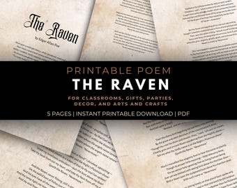 The Raven PDF - Edgar Allan Poe druckbares Gedicht für Halloween, Englischunterricht, Geschenke und Dekoration