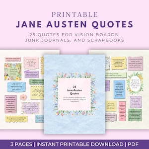 Puede incluir: Tres páginas imprimibles con citas de Jane Austen para tableros de visión, diarios basura y álbumes de recortes. Las páginas tienen un diseño floral azul claro y blanco. El texto incluye "PRINTABLE JANE AUSTEN QUOTES" y "25 QUOTES".