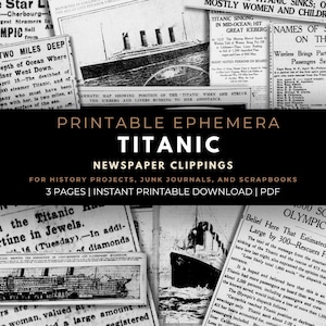 Może przedstawiać: Kolekcja starych wycinków z gazet o Titanicu, z nagłówkami i artykułami. Czarno-białe strony zawierają tekst i ilustracje, idealne do projektów historycznych i scrapbookingu.