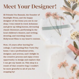 May include: Text on a cream-colored background reads "Meet Your Designer!" with a message from Hannah, the founder of Rushlight Press. The text is accompanied by dried flowers and decorative tape.