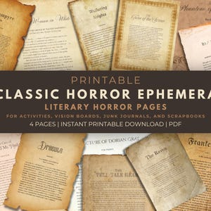 Éphémères éphémères d'horreur classiques pour des activités littéraires, un tableau de visualisation, des journaux indésirables, des albums de coupures et Halloween - Pages de littérature - Fichier PDF imprimable
