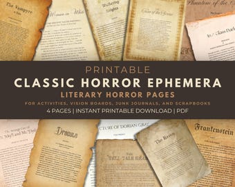 Classic Horror Literature Ephemera: Printable Pages for Junk Journals and Activities (PDF File)