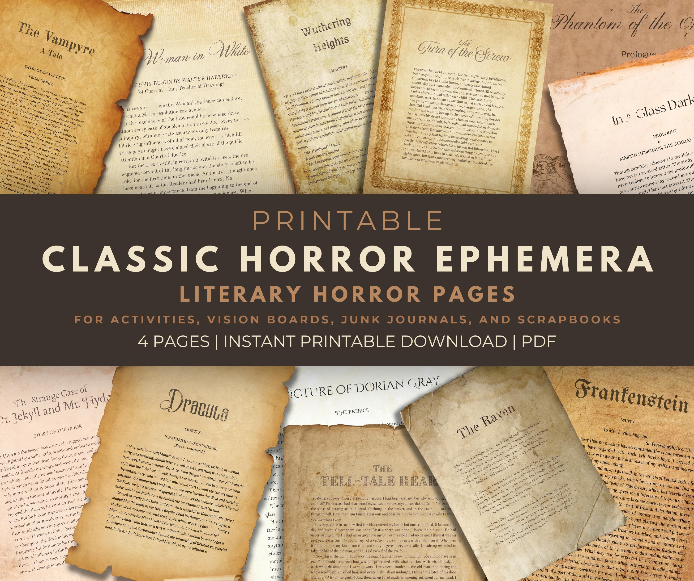 Classic horror literature pages for journal craft.