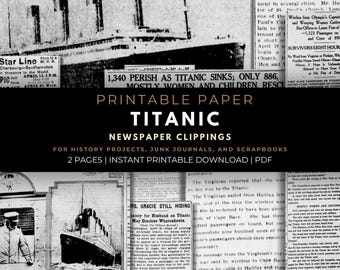 Titanic Zeitungsausschnitte - Druckbares Papier für Geschichtsprojekte, Junk Journals und Scrapbooks, Last-Minute Geschenke (PDF-Datei)