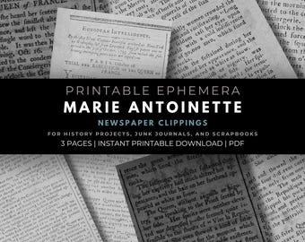 Marie Antoinette Zeitungsausschnitte - 1794 Druckbare Ephemera für Geschichtsprojekte und Junk Journals, Last-Minute Geschenke (PDF-Datei)