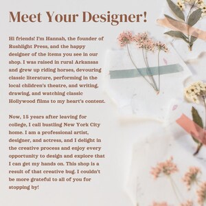 May include: Text on a white background reads "Meet Your Designer!" followed by a description of the shop owner, Hannah. The image is decorated with dried flowers and decorative tape.