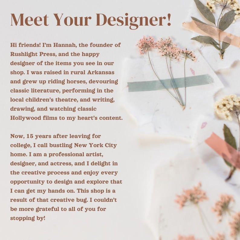 May include: Text on a white background reads "Meet Your Designer!" followed by a description of the shop owner, Hannah. The image is decorated with dried flowers and decorative tape.