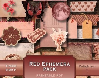 Rotes Ephemera Paket: Druckbares Junk Journals Kit Vintage Altmodisch Postkarten Etiketten Fussy Schnitte Rushlight Press Papiere Digitaler Download