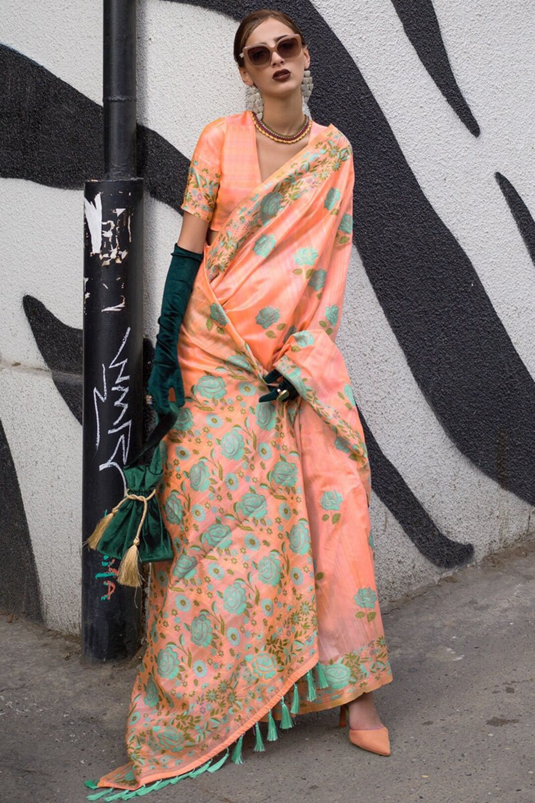 Banarasi Brocade Zari & Meena Buti Weaving Fabric-Peach