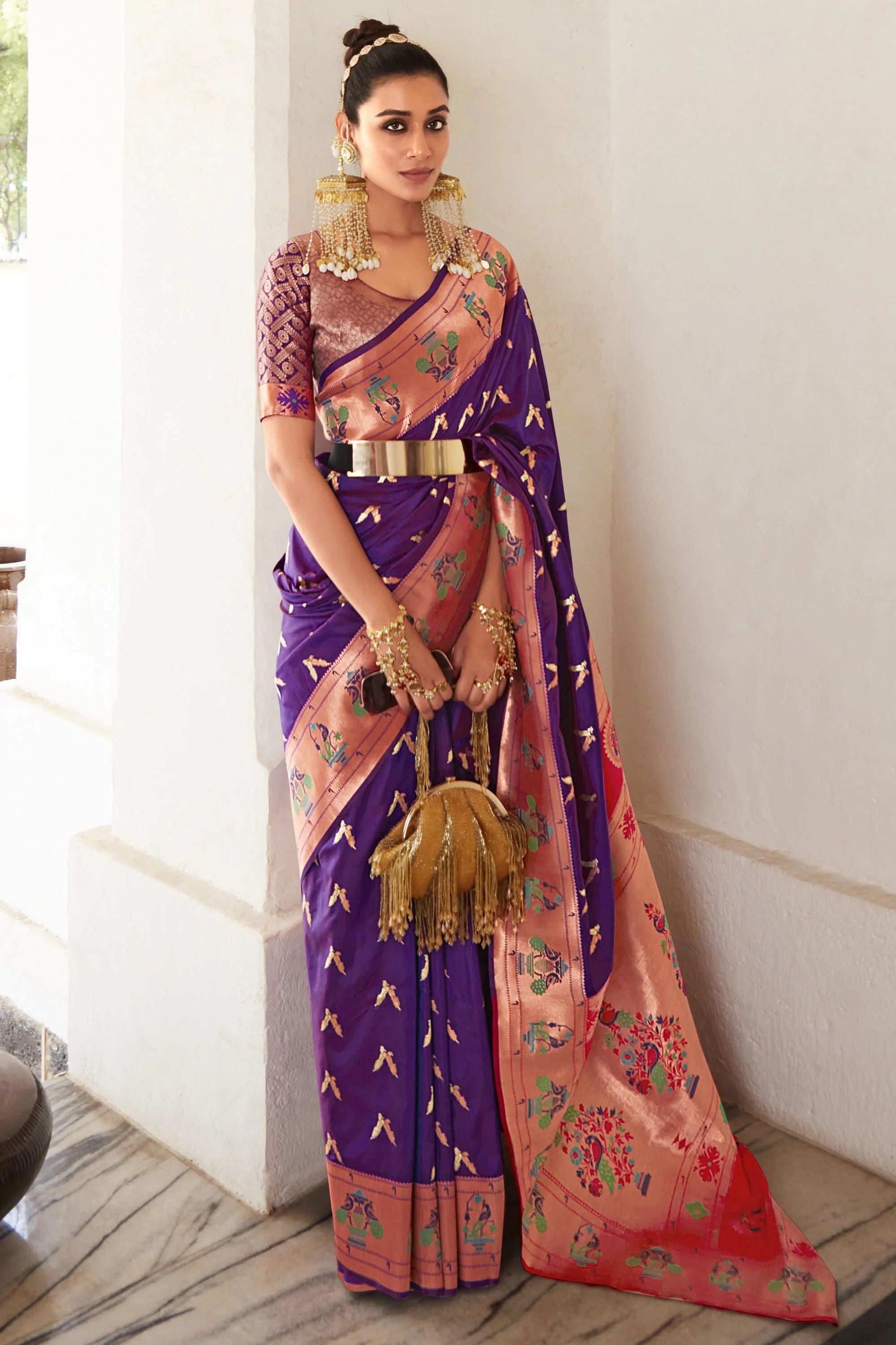 Purple Woven Paithani Silk Saree main image 1