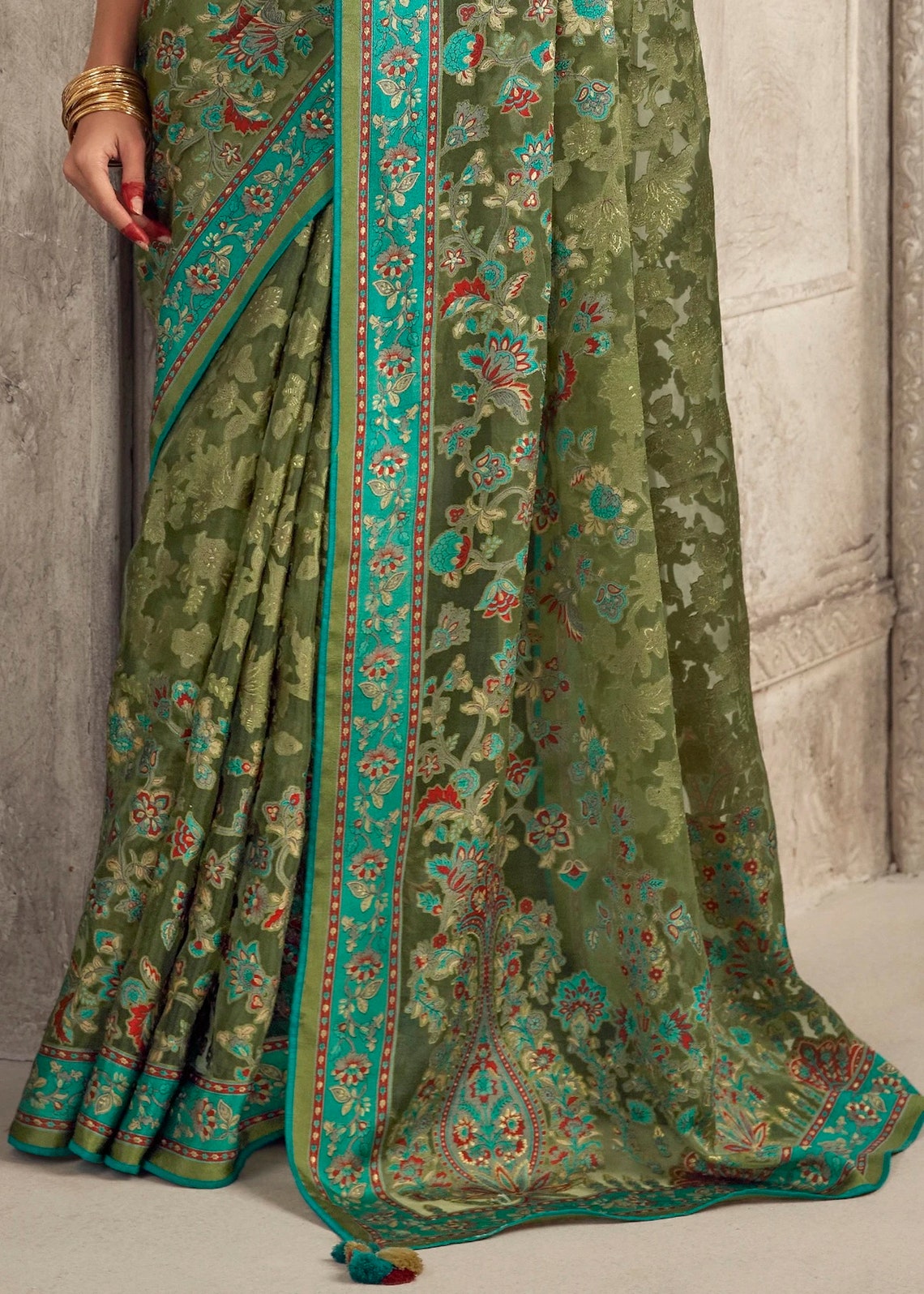 Green Brasso Embroidered Saree main image 1