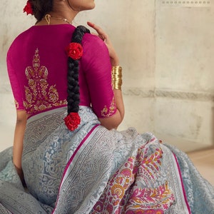 Teal Blue Soft Organza Brasso Embroidered Wedding Festive Saree main image 1