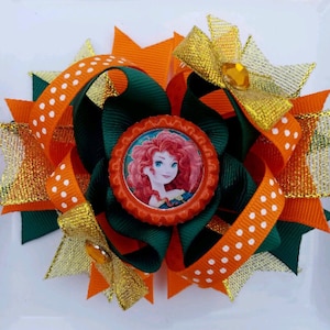 Merida Brave Disney Princess Gold Orange Green Bottle Cap Hair Bow 5&quot;