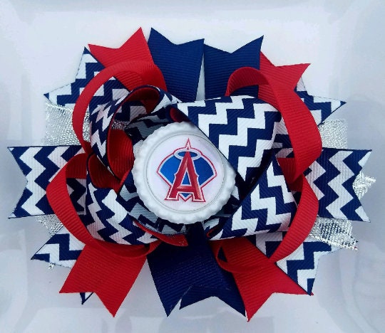 MLB L A Angels Baseball Navy Blue Red Silver White Bottle Cap Hair Bow 5"