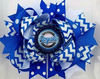 MLB Royals Baseball Blue White Bottle Cap Hair Bow 5&quot;