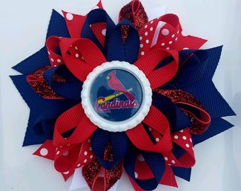 MLB Cardinals Red White Blue Bottle Cap Hair Bow 4&quot;