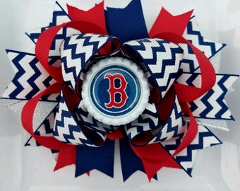MLB Boston Baseball Red White Blue Silver Bottle Cap Hair Bow 5&quot; 1&quot; French Clip