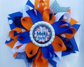 MLB New York Mets Orange White Blue Bottle Cap Hair Bow 4&quot;