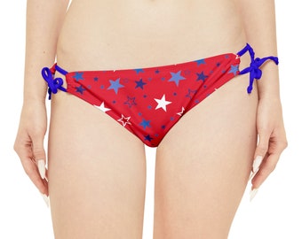 Patriotic Stars- Red Loop Tie Side Bikini Bottom, Patriotic Mix and Match Bikini