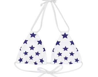 Blue Stars- White Strappy Triangle Bikini Top, Patriotic Mix and Match Bikini