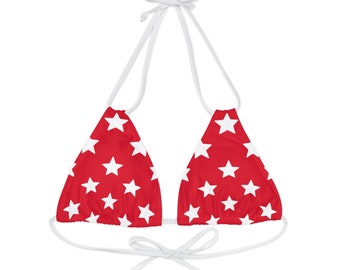 Red With White Stars Strappy Triangle Bikini Top, Patriotic Mix and Match Bikini