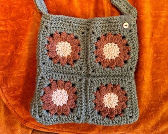 Dusty green, rust, and light pink granny square flower bag