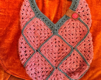 Pink and Teal Granny Square Crochet Bag