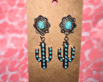 Silver and Turquoise Cactus Earrings
