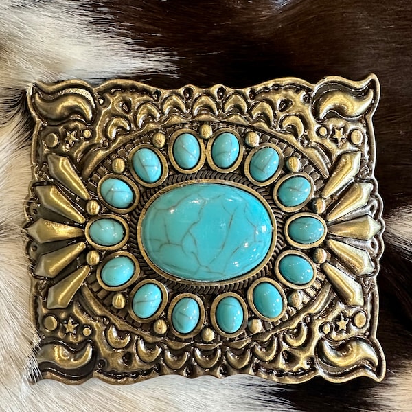 Gold and turquoise Western belt buckle