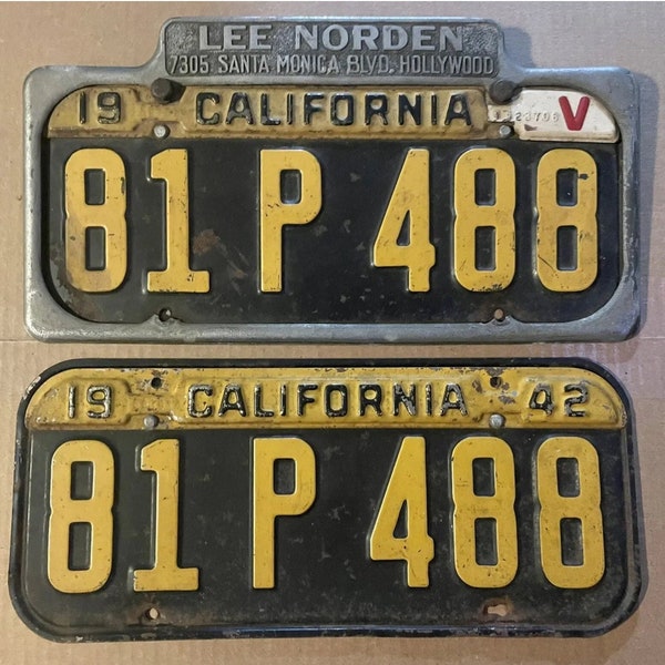 1941 CALIFORNIA License Plate pair 1942 Tabs V Tab with Hollywood Frame 81 P 488 Lee Norden 7305 Santa Monica Blvd