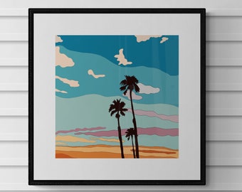 Coastal Wall Art,Modern California Beach Sunset Print,Colorful Coastal Decor,Sunset Art,Retro Colors,Beach Art Prints,Ocean Sunset Art Print