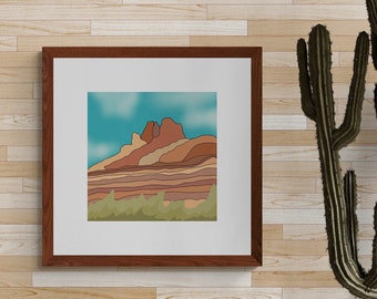 Modern Desert Landscape Art Print,Sedona Arizona Red Rock Country,Nature Desertscape,Colorful Southwestern Artwork,Bedroom,Living Room Art
