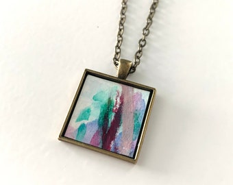 Hand Painted Abstract Art Pendant,Original Painting,One of a Kind,Unique Gift,Handmade Necklace,Square,Wearable Art,Gifts For Her,Jewelry