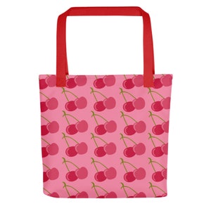 Cute Cherry Pattern Tote bag,Large Reusable Shopping Bag,Modern Colorful Red & Pink Summer Fruit Design,Groceries, Farmers Market,Library image 8