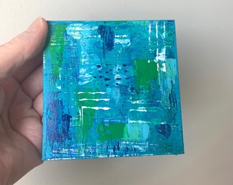 Original Abstract Painting With Easel-Blue-Green-Small Painting-4x4-Mini Acrylic on Canvas-Colorful Art-Mini Art-Free Gift Wrap-Hand Painted