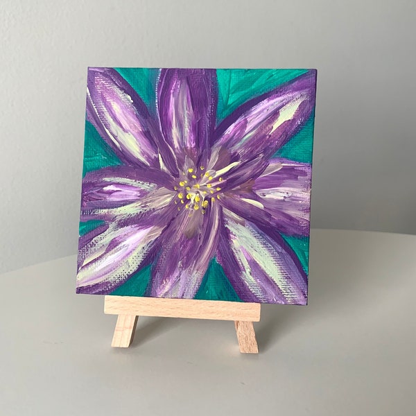 Original Mini Painting-Abstract Purple Flower-With Wood Easel-Small Paintings-Acrylic on Canvas-Free Gift Wrap-Flower Artwork-Tiny Art-4x4