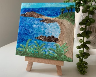 Original Ocean Painting on Canvas,Laguna Beach Seascape,California Beach Art,Small 4x4 Painting With Easel,Coastal Decor,Tiny Art,Shelf,Desk