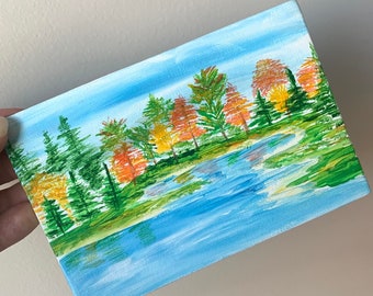 Original Small Landscape Painting,Mini Artwork-Acrylic on Canvas Board,4x6,Colorful Fall Trees on Lake,Gift For Nature Lover,Free Gift Wrap