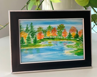 Original Small Landscape Painting,Mini Artwork-Acrylic on Canvas Board,4x6,Colorful Fall Trees on Lake,Gift For Nature Lover,Art For Shelf