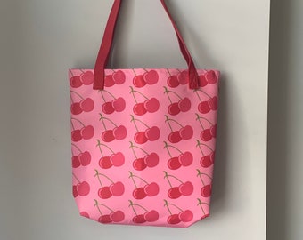 Cute Cherry Pattern Tote bag,Large Reusable Shopping Bag,Modern Colorful Red & Pink Summer Fruit Design,Groceries, Farmers Market,Library