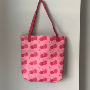Cute Cherry Pattern Tote bag,Large Reusable Shopping Bag,Modern Colorful Red & Pink Summer Fruit Design,Groceries, Farmers Market,Library image 2