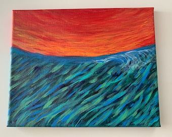 Original Abstract on Canvas Painting,Colorful Sunset at Sea,Blue Green Ocean Waves,Orange Sky,Contemporary Wall Art,8x10,Coastal Artwork