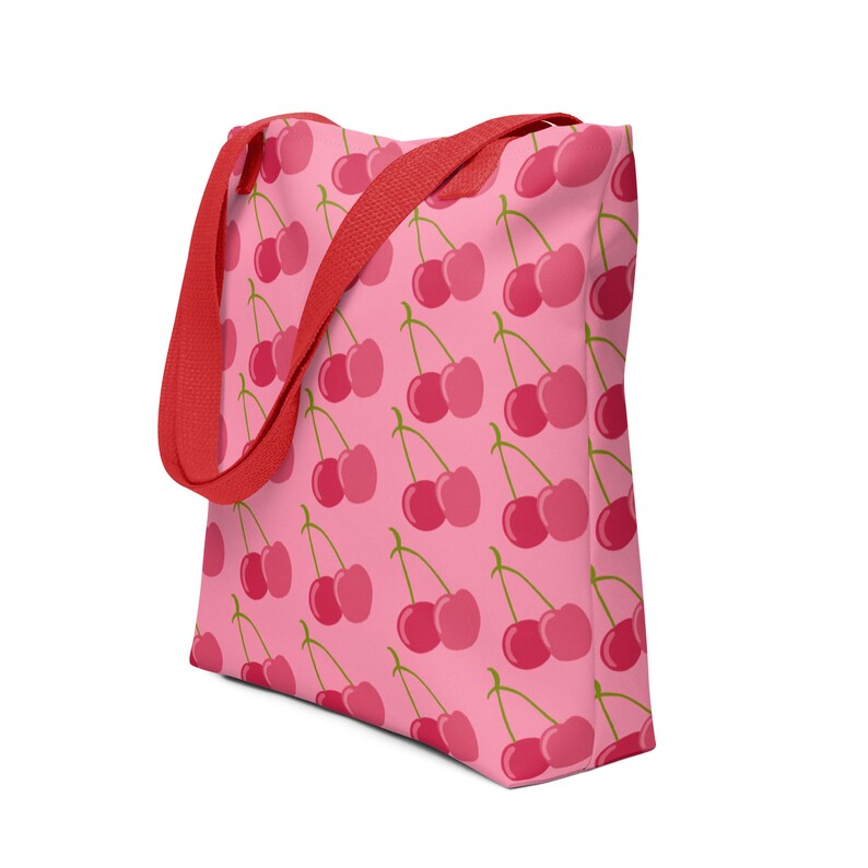 Cute Cherry Pattern Tote bag,Large Reusable Shopping Bag,Modern Colorful Red & Pink Summer Fruit Design,Groceries, Farmers Market,Library image 5