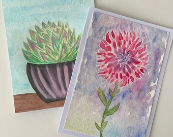 Hand Painted Original Watercolor Greeting Cards-Flowers-Succulent-Blank Inside-Botanical Art-5x7-Brown Kraft Envelope-Art Cards-All Occasion