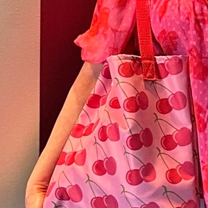 Cute Cherry Pattern Tote bag,Large Reusable Shopping Bag,Modern Colorful Red & Pink Summer Fruit Design,Groceries, Farmers Market,Library image 3