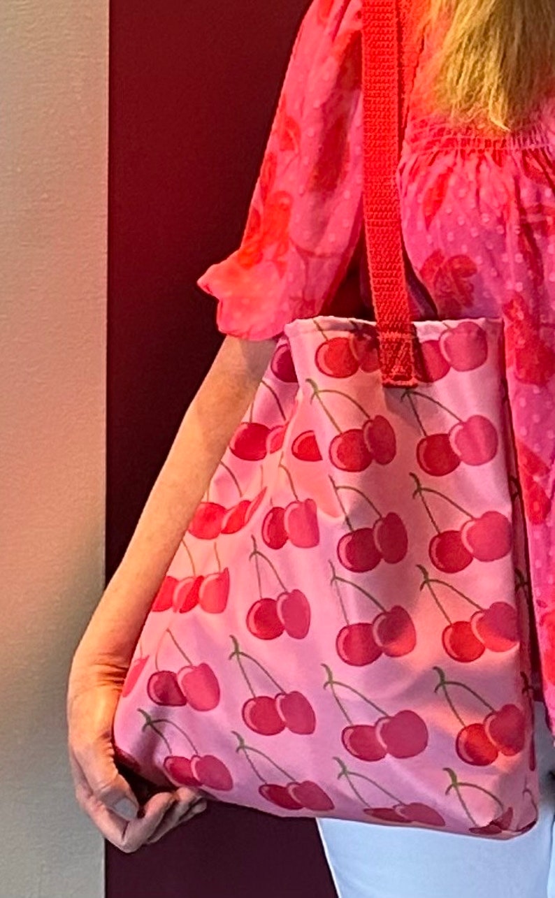 Cute Cherry Pattern Tote bag,Large Reusable Shopping Bag,Modern Colorful Red & Pink Summer Fruit Design,Groceries, Farmers Market,Library image 3